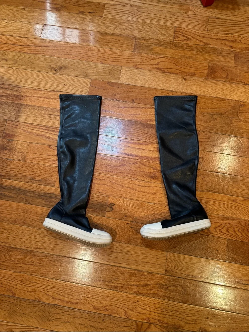 Rick Owens Thigh High Stretch Leather Sneaker Boots Black White EU 39 Italy